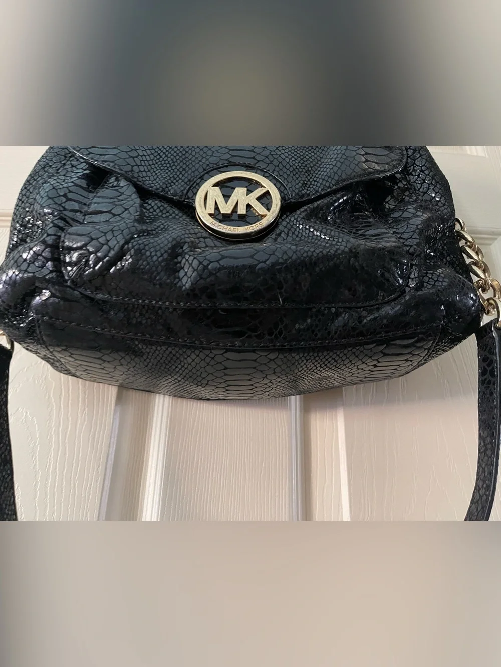 Michael Kors Black Python Embossed Satchel with Gold Hardware